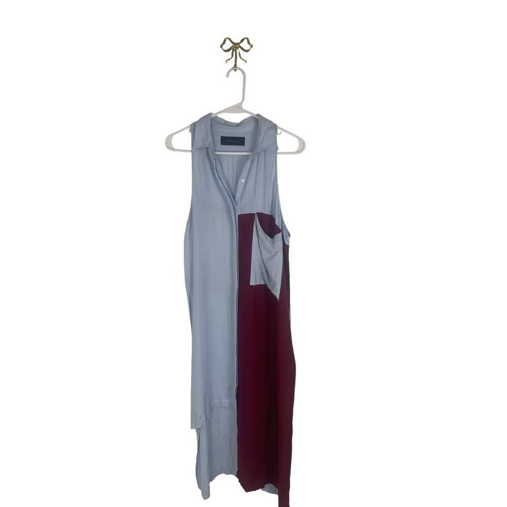 Andrea Llosa Sleeveless Colorblock Shirt Dress Blue Burgundy Red High Low Hem